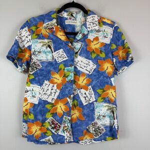 Marsh Landing Hawaiian Shirt Women's Small Blue Tropical‎ Aloha Luau Post Card